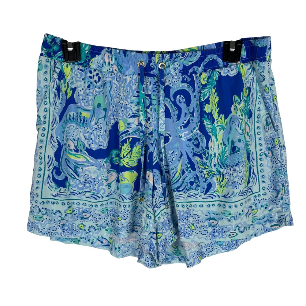 Lilly Pulitzer Sea Life Print Rayon Shorts Womens M Blue Green Elastic Waist